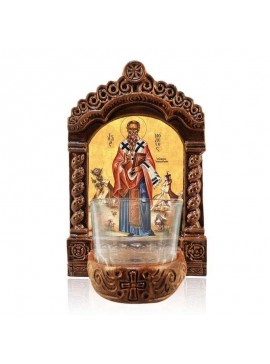 Σετ 2 τεμαχίων – Εικόνα Ορθοδοξίας με περίγραμμα χρυσό σε ξύλο Φλαμουρίας  με  βάση Φωτιστικό Αγρυπνίας Αγίου Μοδέστου, Επιτραπέζια εικόνα του Αγίου Μόδεστου, Ελληνικής κατασκευής Επιτραπέζιο Φωτιστικό, Χειροποίητο Κεραμικό Φωτιστικό με Γυάλινο Κύπελλο Δι