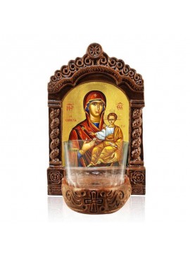 Σετ 2 τεμαχίων – Εικόνα Ορθοδοξίας με περίγραμμα χρυσό σε ξύλο Φλαμουρίας  με  βάση Παναγία Σουμελά Φωτιστικό Αγρυπνίας, Παναγία Σουμελά Ελληνικής κατασκευής Επιτραπέζια Εικόνα, Χειροποίητο Κεραμικό Φωτιστικό Αγρυπνίας με Γυάλινο Κύπελλο Διάσταση 21x15 cm