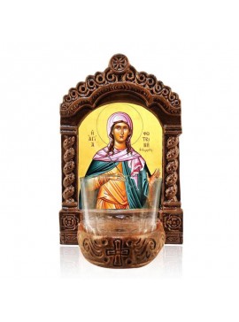 Σετ 2 τεμαχίων – Εικόνα Ορθοδοξίας με περίγραμμα χρυσό σε ξύλο Φλαμουρίας  με  βάση Φωτιστικό Αγρυπνίας Αγίας Φωτεινής, Αγία Φωτεινή η Σαμαρείτιδα Ελληνική Επιτραπέζια Εικόνα, Χειροποίητο Κεραμικό Φωτιστικό Αγρυπνίας με Γυάλινο Κύπελλο Διάσταση 21x15 cm (