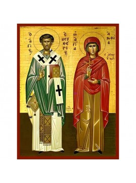 Σετ 2 τεμαχίων – Εικόνα Ορθοδοξίας με περίγραμμα χρυσό σε ξύλο Φλαμουρίας  με  βάση Εικόνα ΑΓΙΟΣ ΕΛΕΥΘΕΡΙΟΣ, ΙΕΡΟΜΑΡΤΥΣ, ΕΠΙΣΚΟΠΟΣ ΙΛΛΥΡΙΚΟΥ ΚΑΙ Η ΜΗΤΗΡ ΑΥΤΟΥ ΑΓΙΑ ΑΝΘΙΑ ΜΑΡΤΥΣ, ΟΛΟΣΩΜΟΙ Χειροποίητη Ελληνορθόδοξη εικόνα του Ιησού Χριστού, Κρεμαστή πλάκα β