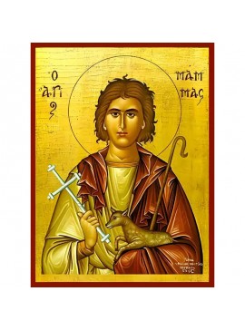 Σετ των 2 Εικόνα Ορθοδοξίας με περίγραμμα χρυσό σε ξύλο Φλαμουρίας  με  βάση Εικόνα ΑΓΙΟΣ ΜΑΜΑΣ, ΜΑΡΤΥΣ, ΚΑΙΣΑΡΕΙΑΣ Χειροποίητη Ελληνορθόδοξη εικόνα του Ιησού Χριστού, Κρεμαστή πλάκα βυζαντινής τέχνης, χριστιανική τέχνη Διάσταση 15x11 cm (5,9x4,3 ίντσες) 