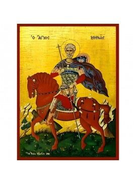 Σετ των 2 Εικόνα Ορθοδοξίας με περίγραμμα χρυσό σε ξύλο Φλαμουρίας  με  βάση Εικόνα ΑΓΙΟΣ ΜΗΝΑΣ, Ο ΜΕΓΑΛΟΜΑΡΤΥΣ, Ο ΑΙΓΥΠΤΙΟΣ, ΕΦΙΠΠΟΣ Χειροποίητη Ελληνορθόδοξη εικόνα του Ιησού Χριστού, Κρεμαστή πλάκα βυζαντινής τέχνης, χριστιανική τέχνη Διάσταση 15x11 cm