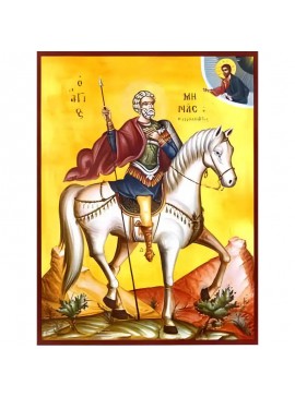 Σετ των 2 Εικόνα Ορθοδοξίας με περίγραμμα χρυσό σε ξύλο Φλαμουρίας  με  βάση Εικόνα ΑΓΙΟΣ ΜΗΝΑΣ, Ο ΜΕΓΑΛΟΜΑΡΤΥΣ, Ο ΑΙΓΥΠΤΙΟΣ, ΕΦΙΠΠΟΣ Χειροποίητη Ελληνορθόδοξη εικόνα του Ιησού Χριστού, Κρεμαστή πλάκα βυζαντινής τέχνης, χριστιανική τέχνη Διάσταση 15x11 cm