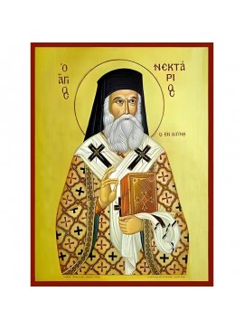 Σετ των 2 Εικόνα Ορθοδοξίας με περίγραμμα χρυσό σε ξύλο Φλαμουρίας  με  βάση Εικόνα ΑΓΙΟΣ ΝΕΚΤΑΡΙΟΣ ΠΕΝΤΑΠΟΛΕΩΣ, Ο ΕΝ ΑΙΓΙΝΗ Χειροποίητη Ελληνορθόδοξη εικόνα του Ιησού Χριστού, Κρεμαστή πλάκα βυζαντινής τέχνης, χριστιανική τέχνη Διάσταση 15x11 cm (5,9x4,3