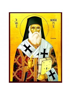 Σετ των 2 Εικόνα Ορθοδοξίας με περίγραμμα χρυσό σε ξύλο Φλαμουρίας  με  βάση Εικόνα ΑΓΙΟΣ ΝΕΚΤΑΡΙΟΣ ΠΕΝΤΑΠΟΛΕΩΣ, Ο ΕΝ ΑΙΓΙΝΗ Χειροποίητη Ελληνορθόδοξη εικόνα του Ιησού Χριστού, Κρεμαστή πλάκα βυζαντινής τέχνης, χριστιανική τέχνη Διάσταση 15x11 cm (5,9x4,3