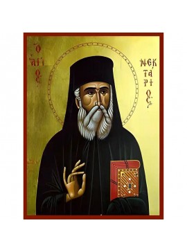 Σετ των 2 Εικόνα Ορθοδοξίας με περίγραμμα χρυσό σε ξύλο Φλαμουρίας  με  βάση Εικόνα ΑΓΙΟΣ ΝΕΚΤΑΡΙΟΣ ΠΕΝΤΑΠΟΛΕΩΣ, Ο ΕΝ ΑΙΓΙΝΗ Χειροποίητη Ελληνορθόδοξη εικόνα του Ιησού Χριστού, Κρεμαστή πλάκα βυζαντινής τέχνης, χριστιανική τέχνη Διάσταση 15x11 cm (5,9x4,3