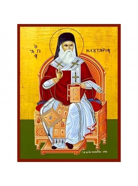 Σετ των 2 Εικόνα Ορθοδοξίας με περίγραμμα χρυσό σε ξύλο Φλαμουρίας  με  βάση Εικόνα ΑΓΙΟΣ ΝΕΚΤΑΡΙΟΣ ΠΕΝΤΑΠΟΛΕΩΣ, Ο ΕΝ ΑΙΓΙΝΗ, ΕΝΘΡΟΝΟΣ Χειροποίητη Ελληνορθόδοξη εικόνα του Ιησού Χριστού, Κρεμαστή πλάκα βυζαντινής τέχνης, χριστιανική τέχνη Διάσταση 15x11 c