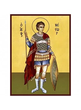 Σετ των 2 Εικόνα Ορθοδοξίας με περίγραμμα χρυσό σε ξύλο Φλαμουρίας  με  βάση Εικόνα ΑΓΙΟΣ ΝΕΣΤΩΡ, ΟΛΟΣΩΜΟΣ Χειροποίητη Ελληνορθόδοξη εικόνα του Ιησού Χριστού, Κρεμαστή πλάκα βυζαντινής τέχνης, χριστιανική τέχνη Διάσταση 15x11 cm (5,9x4,3 ίντσες)  INTRAEK-