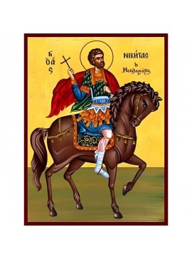Σετ των 2 Εικόνα Ορθοδοξίας με περίγραμμα χρυσό σε ξύλο Φλαμουρίας  με  βάση Εικόνα ΑΓΙΟΣ ΝΙΚΗΤΑΣ Ο ΜΕΓΑΛΟΜΑΡΤΥΣ, ΕΦΙΠΠΟΣ Χειροποίητη Ελληνορθόδοξη εικόνα του Ιησού Χριστού, Κρεμαστή πλάκα βυζαντινής τέχνης, χριστιανική τέχνη Διάσταση 15x11 cm (5,9x4,3 ίν
