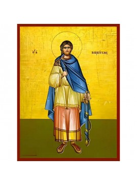Σετ των 2 Εικόνα Ορθοδοξίας με περίγραμμα χρυσό σε ξύλο Φλαμουρίας  με  βάση Εικόνα ΑΓΙΟΣ ΝΙΚΗΤΑΣ, Ο ΜΕΓΑΛΟΜΑΡΤΥΣ, ΟΛΟΣΩΜΟΣ Χειροποίητη Ελληνορθόδοξη εικόνα του Ιησού Χριστού, Κρεμαστή πλάκα βυζαντινής τέχνης, χριστιανική τέχνη Διάσταση 15x11 cm (5,9x4,3 