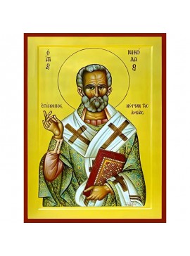 Σετ των 2 Εικόνα Ορθοδοξίας με περίγραμμα χρυσό σε ξύλο Φλαμουρίας  με  βάση Εικόνα ΑΓΙΟΣ ΝΙΚΟΛΑΟΣ, ΑΡΧΙΕΠΙΣΚΟΠΟΣ ΜΥΡΩΝ ΛΥΚΙΑΣ Χειροποίητη Ελληνορθόδοξη εικόνα του Ιησού Χριστού, Κρεμαστή πλάκα βυζαντινής τέχνης, χριστιανική τέχνη Διάσταση 15x11 cm (5,9x4