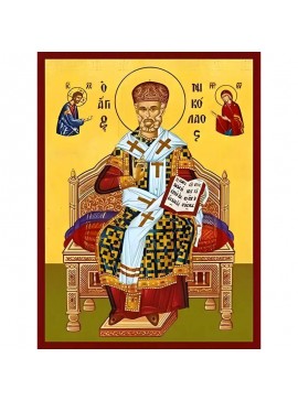 Σετ των 2 Εικόνα Ορθοδοξίας με περίγραμμα χρυσό σε ξύλο Φλαμουρίας  με  βάση Εικόνα ΑΓΙΟΣ ΝΙΚΟΛΑΟΣ, ΑΡΧΙΕΠΙΣΚΟΠΟΣ ΜΥΡΩΝ ΛΥΚΙΑΣ, ΕΝΘΡΟΝΟΣ, ΜΕ ΜΙΤΡΑ Χειροποίητη Ελληνορθόδοξη εικόνα του Ιησού Χριστού, Κρεμαστή πλάκα βυζαντινής τέχνης, χριστιανική τέχνη Διάσ