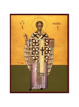 Σετ των 2 Εικόνα Ορθοδοξίας με περίγραμμα χρυσό σε ξύλο Φλαμουρίας  με  βάση Εικόνα ΑΓΙΟΣ ΝΙΚΟΛΑΟΣ, ΑΡΧΙΕΠΙΣΚΟΠΟΣ ΜΥΡΩΝ ΛΥΚΙΑΣ, ΟΛΟΣΩΜΟΣ Χειροποίητη Ελληνορθόδοξη εικόνα του Ιησού Χριστού, Κρεμαστή πλάκα βυζαντινής τέχνης, χριστιανική τέχνη Διάσταση 15x11