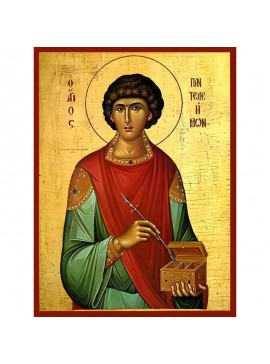 Σετ των 2 Εικόνα Ορθοδοξίας με περίγραμμα χρυσό σε ξύλο Φλαμουρίας  με  βάση Εικόνα ΑΓΙΟΣ ΠΑΝΤΕΛΕΗΜΩΝ, Ο ΜΕΓΑΛΟΜΑΡΤΥΣ Χειροποίητη Ελληνορθόδοξη εικόνα του Ιησού Χριστού, Κρεμαστή πλάκα βυζαντινής τέχνης, χριστιανική τέχνη Διάσταση 15x11 cm (5,9x4,3 ίντσες