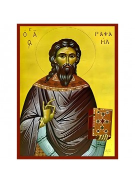 Σετ των 2 Εικόνα Ορθοδοξίας με περίγραμμα χρυσό σε ξύλο Φλαμουρίας  με  βάση Εικόνα ΑΓΙΟΣ ΡΑΦΑΗΛ, ΝΕΟΜΑΡΤΥΣ ΜΥΤΙΛΗΝΗΣ Χειροποίητη Ελληνορθόδοξη εικόνα του Ιησού Χριστού, Κρεμαστή πλάκα βυζαντινής τέχνης, χριστιανική τέχνη Διάσταση 15x11 cm (5,9x4,3 ίντσες