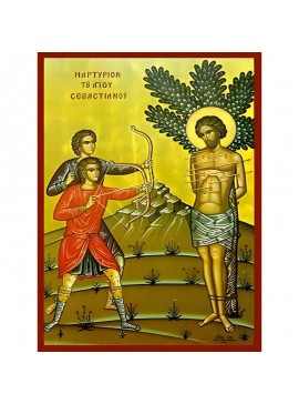 Σετ των 2 Εικόνα Ορθοδοξίας με περίγραμμα χρυσό σε ξύλο Φλαμουρίας  με  βάση Εικόνα ΑΓΙΟΣ ΣΕΒΑΣΤΙΑΝΟΣ: ΤΟ ΜΑΡΤΥΡΙΟΝ Χειροποίητη Ελληνορθόδοξη εικόνα του Ιησού Χριστού, Κρεμαστή πλάκα βυζαντινής τέχνης, χριστιανική τέχνη Διάσταση 15x11 cm (5,9x4,3 ίντσες) 