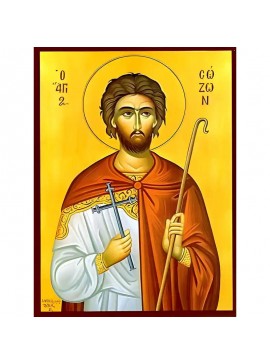 Σετ των 2 Εικόνα Ορθοδοξίας με περίγραμμα χρυσό σε ξύλο Φλαμουρίας  με  βάση Εικόνα ΑΓΙΟΣ ΣΩΖΩΝ, ΜΑΡΤΥΣ, ΚΙΛΙΚΙΑΣ Χειροποίητη Ελληνορθόδοξη εικόνα του Ιησού Χριστού, Κρεμαστή πλάκα βυζαντινής τέχνης, χριστιανική τέχνη Διάσταση 15x11 cm (5,9x4,3 ίντσες)  I