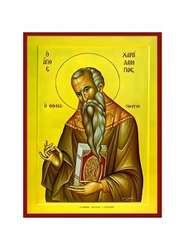 Σετ των 2 Εικόνα Ορθοδοξίας με περίγραμμα χρυσό σε ξύλο Φλαμουρίας  με  βάση Εικόνα ΑΓΙΟΣ ΧΑΡΑΛΑΜΠΟΣ, ΙΕΡΟΜΑΡΤΥΣ Χειροποίητη Ελληνορθόδοξη εικόνα του Ιησού Χριστού, Κρεμαστή πλάκα βυζαντινής τέχνης, χριστιανική τέχνη Διάσταση 15x11 cm (5,9x4,3 ίντσες)  IN