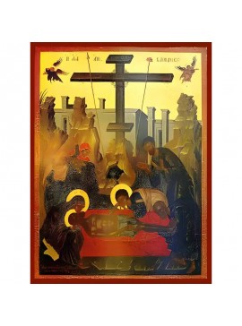 Σετ των 2 Εικόνα Ορθοδοξίας με περίγραμμα χρυσό σε ξύλο Φλαμουρίας  με  βάση Εικόνα ΑΠΟΚΑΘΗΛΩΣΙΣ (ΕΠΙΤΑΦΙΟΣ ΘΡΗΝΟΣ) Χειροποίητη Ελληνορθόδοξη εικόνα του Ιησού Χριστού, Κρεμαστή πλάκα βυζαντινής τέχνης, χριστιανική τέχνη Διάσταση 15x11 cm (5,9x4,3 ίντσες) 