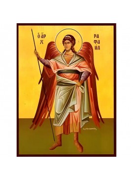 Σετ των 2 Εικόνα Ορθοδοξίας με περίγραμμα χρυσό σε ξύλο Φλαμουρίας  με  βάση Εικόνα ΑΡΧΑΓΓΕΛΟΣ ΡΑΦΑΗΛ, ΟΛΟΣΩΜΟΣ Χειροποίητη Ελληνορθόδοξη εικόνα του Ιησού Χριστού, Κρεμαστή πλάκα βυζαντινής τέχνης, χριστιανική τέχνη Διάσταση 15x11 cm (5,9x4,3 ίντσες)  INT