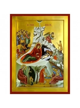 Σετ των 2 Εικόνα Ορθοδοξίας με περίγραμμα χρυσό σε ξύλο Φλαμουρίας  με  βάση Εικόνα ΓΕΝΝΗΣΙΣ ΧΡΙΣΤΟΥ Χειροποίητη Ελληνορθόδοξη εικόνα του Ιησού Χριστού, Κρεμαστή πλάκα βυζαντινής τέχνης, χριστιανική τέχνη Διάσταση 15x11 cm (5,9x4,3 ίντσες)  INTRAEK-337757