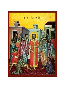 Σετ των 2 Εικόνα Ορθοδοξίας με περίγραμμα χρυσό σε ξύλο Φλαμουρίας  με  βάση Εικόνα ΕΜΠΑΙΓΜΟΣ Χειροποίητη Ελληνορθόδοξη εικόνα του Ιησού Χριστού, Κρεμαστή πλάκα βυζαντινής τέχνης, χριστιανική τέχνη Διάσταση 15x11 cm (5,9x4,3 ίντσες)  INTRAEK-337757864435