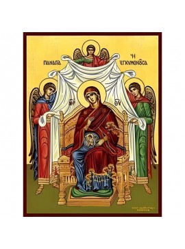 Σετ των 2 Εικόνα Ορθοδοξίας με περίγραμμα χρυσό σε ξύλο Φλαμουρίας  με  βάση Εικόνα ΠΑΝΑΓΙΑ Η ΕΓΚΥΜΟΝΟΥΣΑ, ΔΥΝΑΜΙΣ ΤΟΥ ΥΨΙΣΤΟΥ, ΕΝΘΡΟΝΟΣ Χειροποίητη Ελληνορθόδοξη εικόνα του Ιησού Χριστού, Κρεμαστή πλάκα βυζαντινής τέχνης, χριστιανική τέχνη Διάσταση 15x11