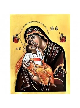 Σετ των 2 Εικόνα Ορθοδοξίας με περίγραμμα χρυσό σε ξύλο Φλαμουρίας  με  βάση Εικόνα ΠΑΝΑΓΙΑ ΜΕ ΧΡΙΣΤΟ, ΓΛΥΚΟΦΙΛΟΥΣΑ ΜΕ ΑΓΓΕΛΟΥΣ Χειροποίητη Ελληνορθόδοξη εικόνα του Ιησού Χριστού, Κρεμαστή πλάκα βυζαντινής τέχνης, χριστιανική τέχνη Διάσταση 15x11 cm (5,9x