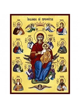 Σετ των 2 Εικόνα Ορθοδοξίας με περίγραμμα χρυσό σε ξύλο Φλαμουρίας  με  βάση Εικόνα ΠΑΝΑΓΙΑ ΜΕ ΧΡΙΣΤΟ, ΕΝΘΡΟΝΗ, ΑΝΩΘΕΝ ΟΙ ΠΡΟΦΗΤΑΙ Χειροποίητη Ελληνορθόδοξη εικόνα του Ιησού Χριστού, Κρεμαστή πλάκα βυζαντινής τέχνης, χριστιανική τέχνη Διάσταση 15x11 cm (5