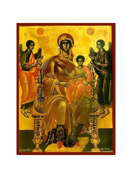 Σετ των 2 Εικόνα Ορθοδοξίας με περίγραμμα χρυσό σε ξύλο Φλαμουρίας  με  βάση Εικόνα ΠΑΝΑΓΙΑ ΜΕ ΧΡΙΣΤΟ, ΕΝΘΡΟΝΟΣ, ΠΛΑΤΥΤΕΡΑ Χειροποίητη Ελληνορθόδοξη εικόνα του Ιησού Χριστού, Κρεμαστή πλάκα βυζαντινής τέχνης, χριστιανική τέχνη Διάσταση 15x11 cm (5,9x4,3 ί