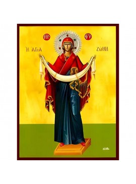 Σετ των 2 Εικόνα Ορθοδοξίας με περίγραμμα χρυσό σε ξύλο Φλαμουρίας  με  βάση Εικόνα ΠΑΝΑΓΙΑ, ΚΑΤΑΘΕΣΙΣ ΤΙΜΙΑΣ ΖΩΝΗΣ, ΟΛΟΣΩΜΗ Χειροποίητη Ελληνορθόδοξη εικόνα του Ιησού Χριστού, Κρεμαστή πλάκα βυζαντινής τέχνης, χριστιανική τέχνη Διάσταση 15x11 cm (5,9x4,3