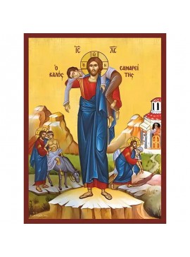 Σετ των 2 Εικόνα Ορθοδοξίας με περίγραμμα χρυσό σε ξύλο Φλαμουρίας  με  βάση Εικόνα ΠΑΡΑΒΟΛΗ ΤΟΥ ΚΑΛΟΥ ΣΑΜΑΡΕΙΤΟΥ Χειροποίητη Ελληνορθόδοξη εικόνα του Ιησού Χριστού, Κρεμαστή πλάκα βυζαντινής τέχνης, χριστιανική τέχνη Διάσταση 15x11 cm (5,9x4,3 ίντσες)  I