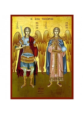Σετ των 2 Εικόνα Ορθοδοξίας με περίγραμμα χρυσό σε ξύλο Φλαμουρίας  με  βάση Εικόνα ΣΥΝΑΞΙΣ ΑΡΧΑΓΓΕΛΩΝ ΜΙΧΑΗΛ ΚΑΙ ΓΑΒΡΙΗΛ, ΟΛΟΣΩΜΟΙ Χειροποίητη Ελληνορθόδοξη εικόνα του Ιησού Χριστού, Κρεμαστή πλάκα βυζαντινής τέχνης, χριστιανική τέχνη Διάσταση 15x11 cm (
