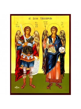 Σετ των 2 Εικόνα Ορθοδοξίας με περίγραμμα χρυσό σε ξύλο Φλαμουρίας  με  βάση Εικόνα ΣΥΝΑΞΙΣ ΑΡΧΑΓΓΕΛΩΝ ΜΙΧΑΗΛ ΚΑΙ ΓΑΒΡΙΗΛ, ΟΛΟΣΩΜΟΙ Χειροποίητη Ελληνορθόδοξη εικόνα του Ιησού Χριστού, Κρεμαστή πλάκα βυζαντινής τέχνης, χριστιανική τέχνη Διάσταση 15x11 cm (