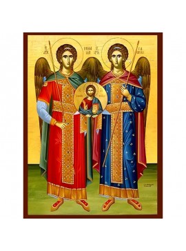 Σετ των 2 Εικόνα Ορθοδοξίας με περίγραμμα χρυσό σε ξύλο Φλαμουρίας  με  βάση Εικόνα ΣΥΝΑΞΙΣ ΑΡΧΑΓΓΕΛΩΝ ΜΙΧΑΗΛ ΚΑΙ ΓΑΒΡΙΗΛ, ΟΛΟΣΩΜΟΙ Χειροποίητη Ελληνορθόδοξη εικόνα του Ιησού Χριστού, Κρεμαστή πλάκα βυζαντινής τέχνης, χριστιανική τέχνη Διάσταση 15x11 cm (