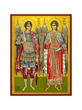 Σετ των 2 Εικόνα Ορθοδοξίας με περίγραμμα χρυσό σε ξύλο Φλαμουρίας  με  βάση Εικόνα ΣΥΝΑΞΙΣ ΑΡΧΑΓΓΕΛΩΝ ΜΙΧΑΗΛ ΚΑΙ ΓΑΒΡΙΗΛ, ΟΛΟΣΩΜΟΙ Χειροποίητη Ελληνορθόδοξη εικόνα του Ιησού Χριστού, Κρεμαστή πλάκα βυζαντινής τέχνης, χριστιανική τέχνη Διάσταση 15x11 cm (