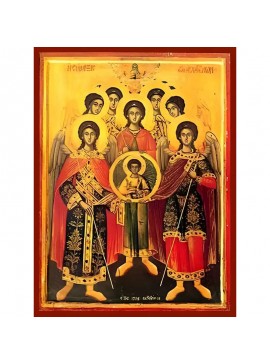 Σετ των 2 Εικόνα Ορθοδοξίας με περίγραμμα χρυσό σε ξύλο Φλαμουρίας  με  βάση Εικόνα ΣΥΝΑΞΙΣ ΑΡΧΑΓΓΕΛΩΝ, ΜΙΧΑΗΛ, ΓΑΒΡΙΗΛ, ΡΑΦΑΗΛ, ΟΥΡΙΗΛ, ΣΕΛΑΦΙΗΛ (Η ΣΑΛΑΘΙΗΛ), ΙΕΓΟΥΔΙΗΛ, ΚΑΙ ΒΑΡΑΧΙΗΛ, ΟΛΟΣΩΜΟΙ Χειροποίητη Ελληνορθόδοξη εικόνα του Ιησού Χριστού, Κρεμαστή 