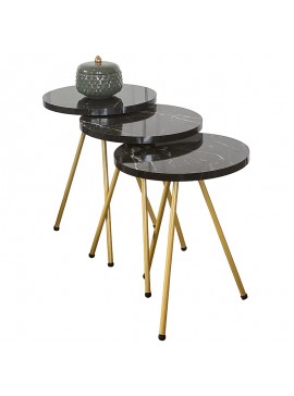 Βοηθητικά τραπέζια σαλονιού Mariz pakoworld σετ 3τεμ μαύρο μαρμάρου-χρυσό 185-000001