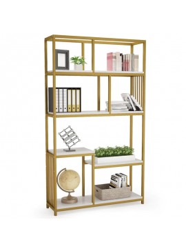 Βιβλιοθήκη-Ραφιέρα Denver pakoworld με χρυσό μεταλλικό σκελετό και λευκή όψη μαρμάρου 100x30x160εκ