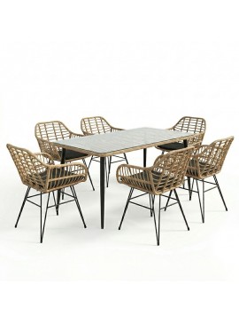 Τραπεζαρία Tiul Χ σετ 7τεμ Intrahome rattan pe σε φυσική απόχρωση και μαύρο μέταλλο 160x90x78εκ INTRAPA-311111072