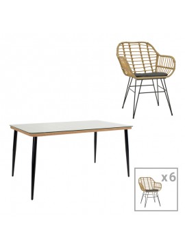 Τραπεζαρία Naoki Χ σετ 7τεμ pakoworld rattan pe σε φυσική απόχρωση και μαύρο μέταλλο 160x90x78εκ