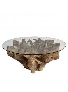 Artekko Munggur Ξύλινο Τραπέζι Σαλονιού από Ρίζα Teak σε Φυσική Απόχρωση (Φ100x51)cm με Τζάμι Φ120cm Artekko 201-0465