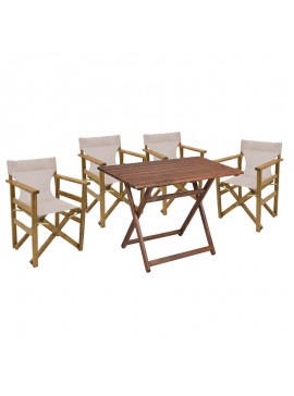 Tραπεζαρία Retto σετ 5τμχ μασίφ ξύλο οξιάς καρυδί πανί-μπεζ γκρι 100x60x71εκ