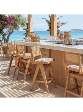 Σκαμπό bar Zoin Intrahome ξύλο rubberwood ανοικτό καρυδί-pvc rattan φυσικό-ύφασμα γκρι 44.5x46x98εκ INTRAPA-358111118