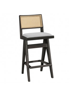 Σκαμπό bar Winslow pakoworld ξύλο rubberwood μαύρο-pvc rattan φυσικό-ύφασμα γκρι 44.5x46x98εκ 247-000008