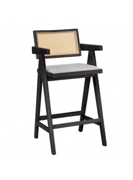 Σκαμπό bar Winslow pakoworld ξύλο rubberwood μαύρο-pvc rattan φυσικό-ύφασμα γκρι 247-000010