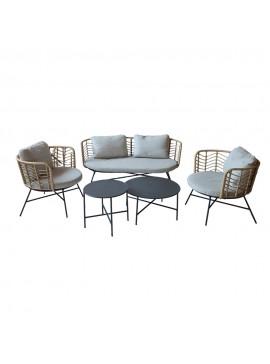 Artekko Rattan Διθέσιος Καναπές (155x75x73)cm 2x Πολυθρόνες (80x75x73)cm 2x Τραπεζάκια (70x70x35) (50x50x45)cm Μεταλλικός Γκρι Σκελετός με Παστικ. Ρατάν σε Φυσική Απόχρωση και Μπεζ Γκρι Μαξιλάρια Σετ/4 Artekko 248-6000