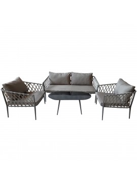 Artekko Rattan Καναπές (160x75x72)cm 2x Πολυθρόνες (76x75x72)cm Τραπέζι με Τζάμι (110x55x42)cm με Πλαστικ Κορδόνι Μεταλλικό Σκελετό Γκρι και Γκρι Μαξιλάρι Σετ/4 Artekko 248-6004
