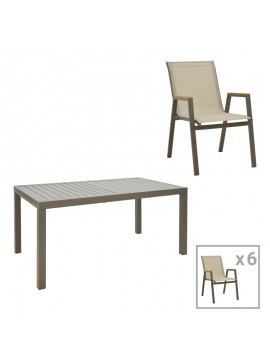 Τραπεζαρία Lafla-Azelie pakoworld σετ 7τεμ σαμπανιζέ αλουμίνιο και plywood σε φυσική απόχρωση 160-240x90x75εκ