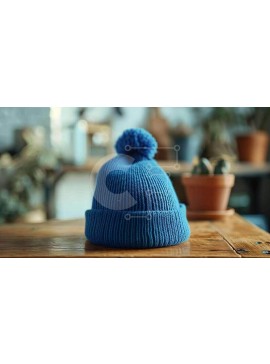 Intra Συλλεκτικό Ξύλινο Παζλ Plywood  4mm - Μπλε πλεκτό καπέλο σε ξύλινο τραπέζι Σε Ξύλινο Κουτί - Διαστάσεις Puzzle: 10x10 cm – 25 κομμάτια